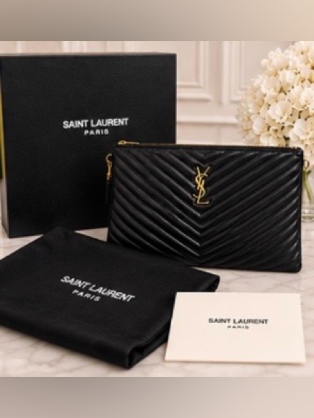 Saint Laurent YSL Cassandre Matelassé Large Clutch Black Gold
